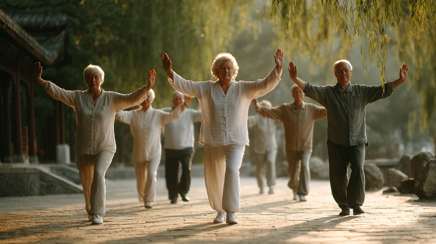 Grup de seniori practicând yoga în natură